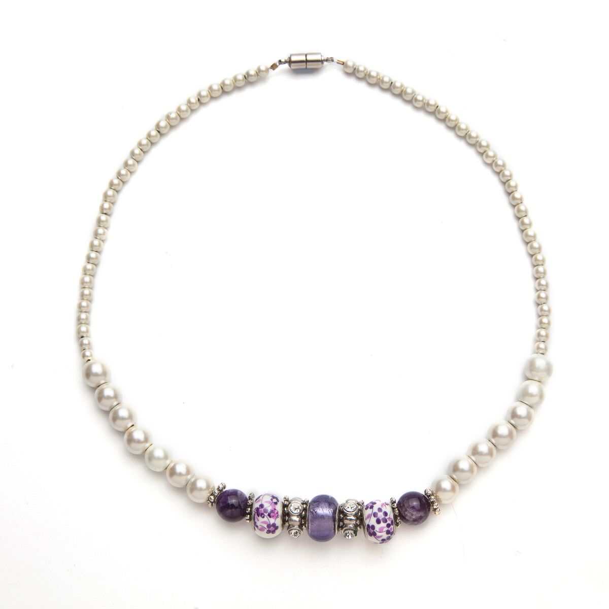 White Magnets, Amethyst, Porcelain and Crystal Magnetic Beaded  Necklace-M0115-WAP