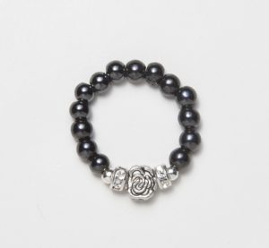 black beaded stretch ring with silver flower