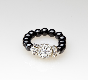 black beaded stretch ring with silver crystal accent bead