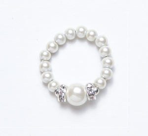 white beaded stretch ring with white ball and silver crystal accents