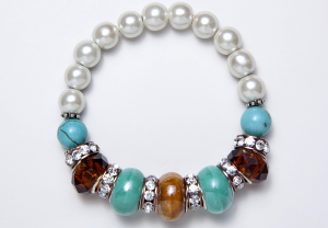 Turquoise, Crystal, and White Beaded Bracelet