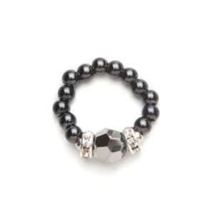 black beaded stretch ring with black crystal accent piece