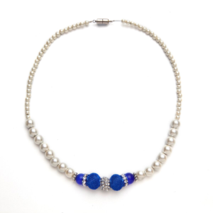 White Necklace with Dark Blue Cat's Eye and Blue Mesh Beads