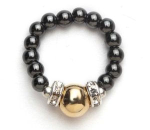 black beaded stretch ring with gold ball accent