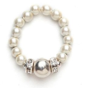 white beaded stretch ring with silver ball