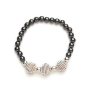 Silver Coil Black Beaded Magnetic Stretch Bracelet