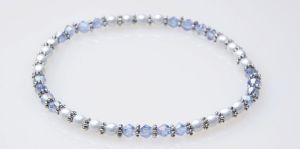 Silver and White Magnetic Stretch Anklet with Blue Crystal Beads