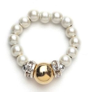 White beaded stretch ring with gold accent ball