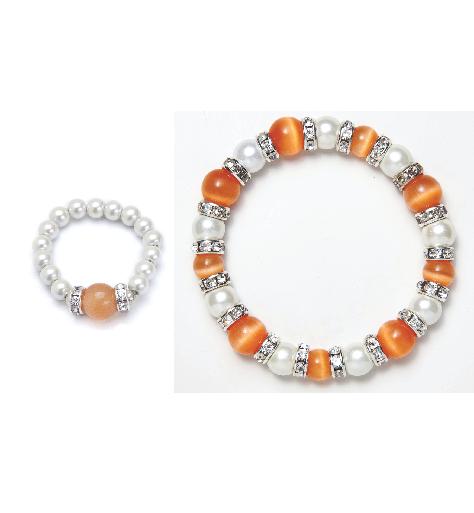 cats eye orange and white magnetic stretch bracelet and ring set