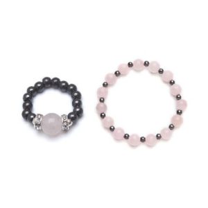 Rose quartz and black magnetic stretch ring and bracelet set
