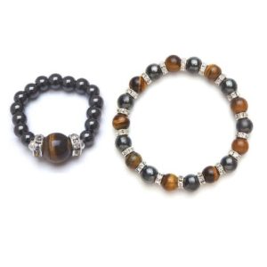 tiger eye and black magnetic stretch bracelet and ring set